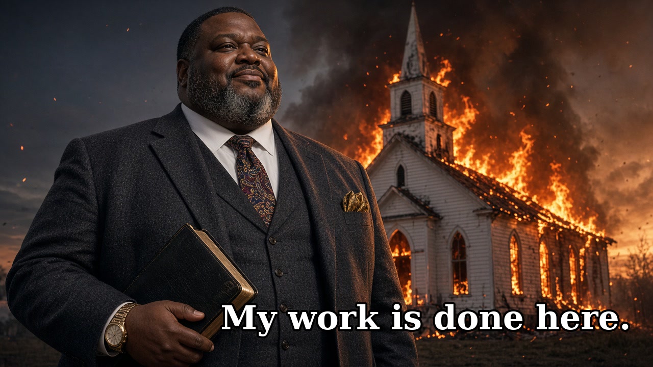 Pastor in front of a burning church: My work is done here.